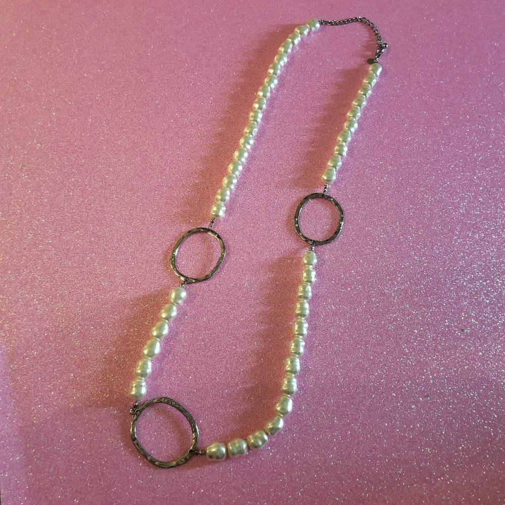 Silver Metal Oval Station Pearl Long Necklace